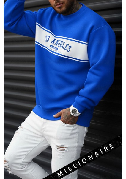 Erkek City Of Angels Saks Mavi Kalın Soft 3 Iplik Şardonlu 0 Sıfır Yaka Oversize Salaş Sweatshirt
