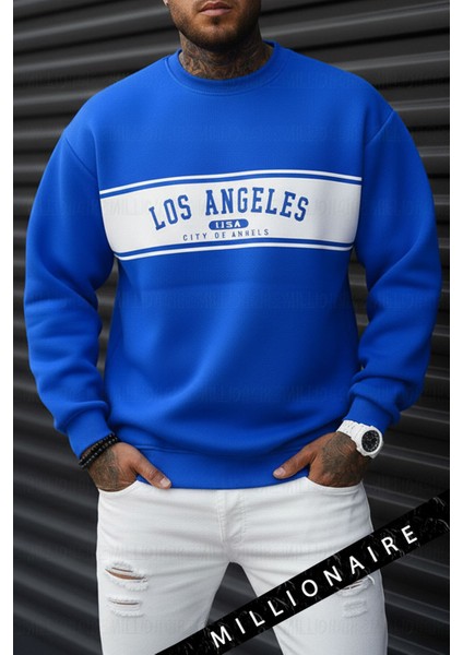 Erkek City Of Angels Saks Mavi Kalın Soft 3 Iplik Şardonlu 0 Sıfır Yaka Oversize Salaş Sweatshirt fiyatları