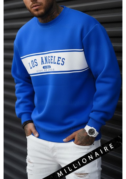 Erkek City Of Angels Saks Mavi Kalın Soft 3 Iplik Şardonlu 0 Sıfır Yaka Oversize Salaş Sweatshirt modelleri