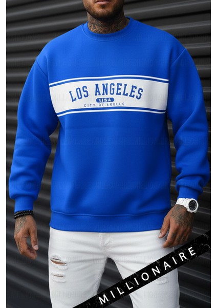 Erkek City Of Angels Saks Mavi Kalın Soft 3 Iplik Şardonlu 0 Sıfır Yaka Oversize Salaş Sweatshirt fırsatları