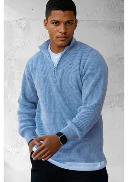 Erkek Mavi Fermuarlı Balıkçı Yaka Kışlık Triko Kazak