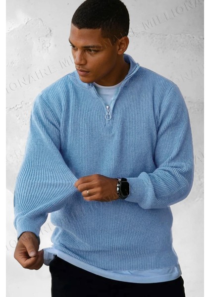 Erkek Mavi Fermuarlı Balıkçı Yaka Kışlık Triko Kazak fiyatları