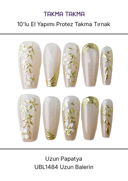 10'lu Ten Rengi Uzun Balerin UBL1484 Tekrar Kullanılabilir El Yapımı Protez Takma Tırnak - Ten Rengi-M