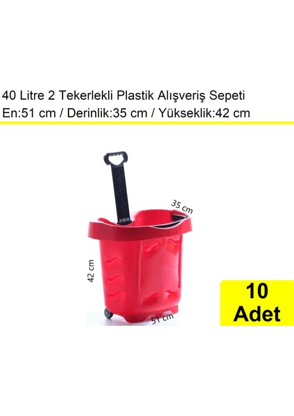 Tekerlekli Plastik Market Alışveriş El Sepeti 40 Litre Kırmızı 10 Adet