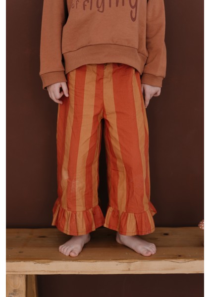 Mabel Düz Kesim Fırfırlı Paça Kiremit Turuncu Çizgili Lastikli Kız Çocuk Pantolon fiyatları