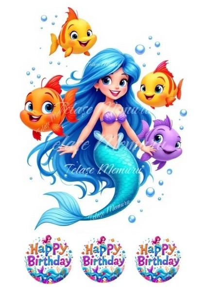 Deniz Kızı Pasta Süsü Pasta Resmi ve Baskısı - Yenilebilir Pasta Süsü- Yenilebilir Kağıt Baskı 7