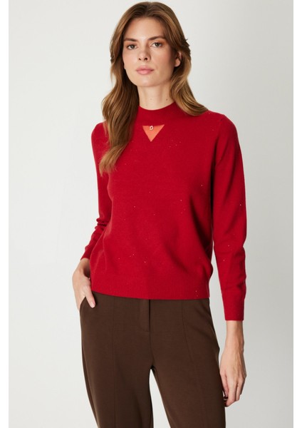 Kadın Metal Aksesuarlı Pul Detaylı Triko Kazak 60345 Kırmızı