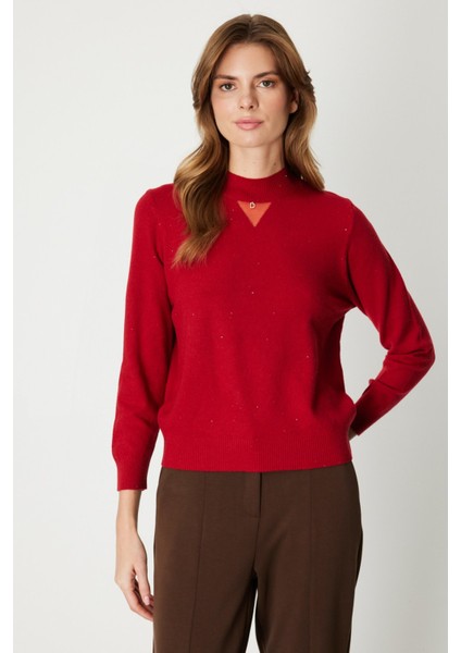 Kadın Metal Aksesuarlı Pul Detaylı Triko Kazak 60345 Kırmızı fiyatları