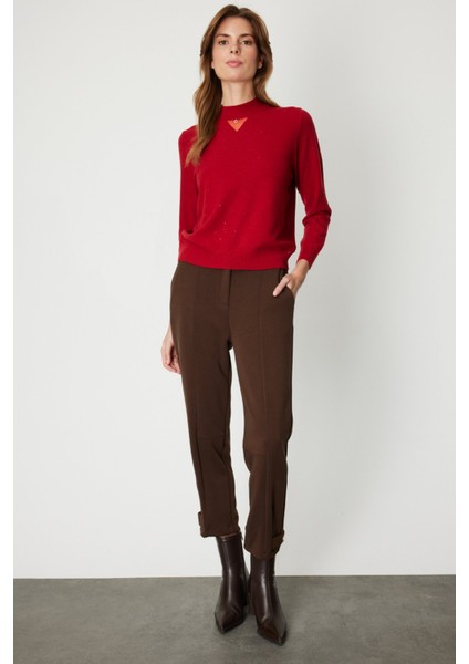 Kadın Metal Aksesuarlı Pul Detaylı Triko Kazak 60345 Kırmızı modelleri