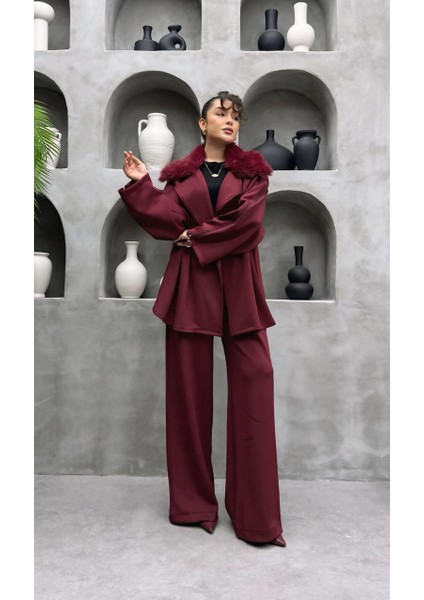 Yakası Kürklü Premium Skuba Kemerli Ceketli Takım – Fermuarlı Kol Detaylı Tesettür Uyumlu Ikili Takım