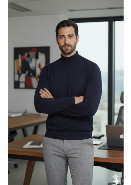 Erkek Lacivert Yarım Balıkçı Yaka Standart Normal Kesim Regular Yün Akrilik Karışımlı Triko Kazak