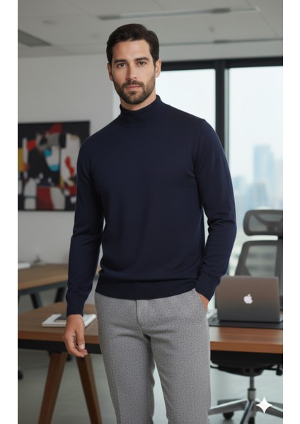 Erkek Lacivert Yarım Balıkçı Yaka Standart Normal Kesim Regular Yün Akrilik Karışımlı Triko Kazak fiyatları