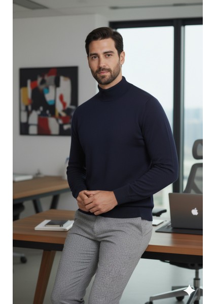 Erkek Lacivert Yarım Balıkçı Yaka Standart Normal Kesim Regular Yün Akrilik Karışımlı Triko Kazak modelleri