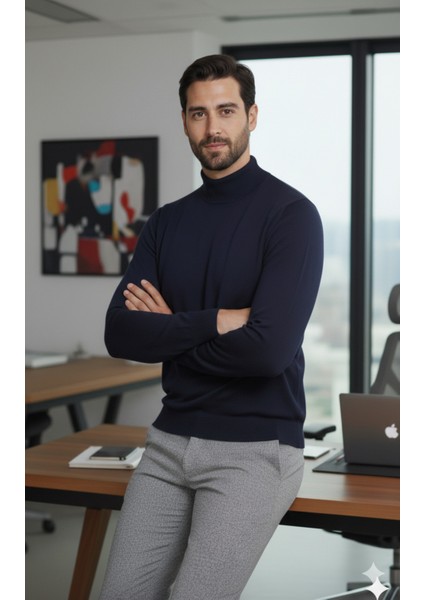 Erkek Lacivert Yarım Balıkçı Yaka Standart Normal Kesim Regular Yün Akrilik Karışımlı Triko Kazak fırsatları