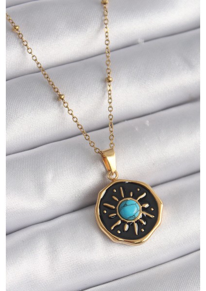 Bfs 316L Çelik Gold Renk Mavi Boncuk Güneş Işleme Madalyon Model Kadın Kolye
