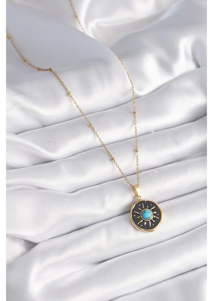 Bfs 316L Çelik Gold Renk Mavi Boncuk Güneş Işleme Madalyon Model Kadın Kolye fiyatları