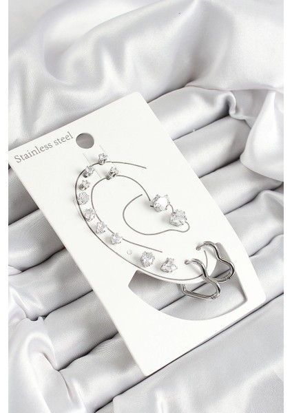 Bfs 316L Çelik Kalp Figürlü ve Zirkon Taşlı Gümüş Renk 7'li Çift Kadın Küpe Set