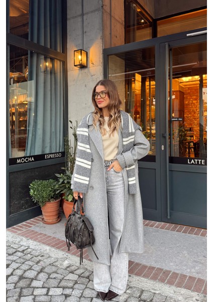 Gri Melanj Kuşaklı Astarlı Oversize Yün Kaban