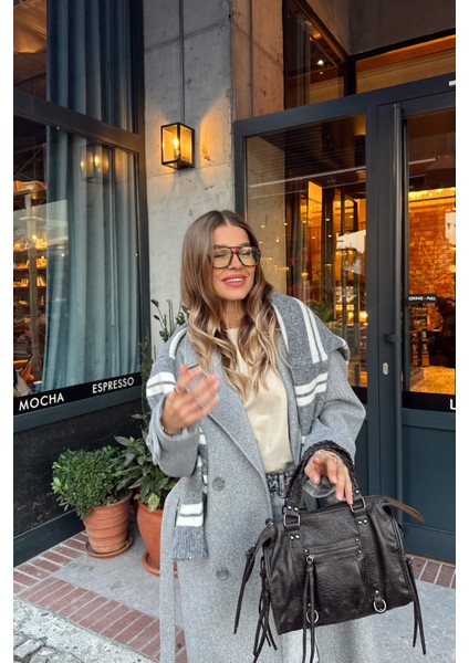 Gri Melanj Kuşaklı Astarlı Oversize Yün Kaban fiyatları