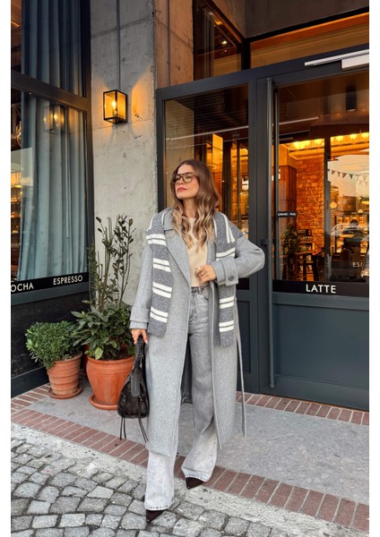 Gri Melanj Kuşaklı Astarlı Oversize Yün Kaban modelleri