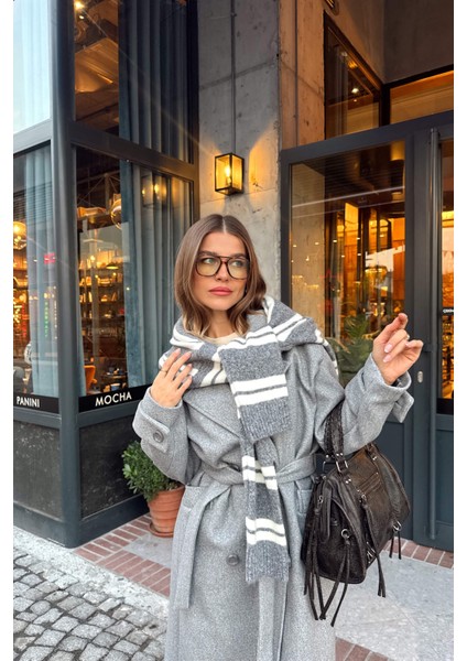 Gri Melanj Kuşaklı Astarlı Oversize Yün Kaban fırsatları