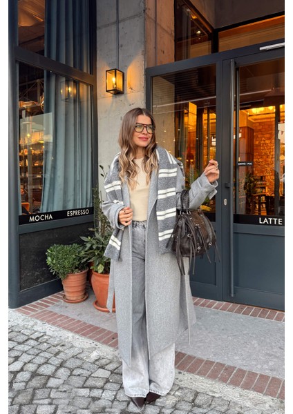 Gri Melanj Kuşaklı Astarlı Oversize Yün Kaban indirimleri