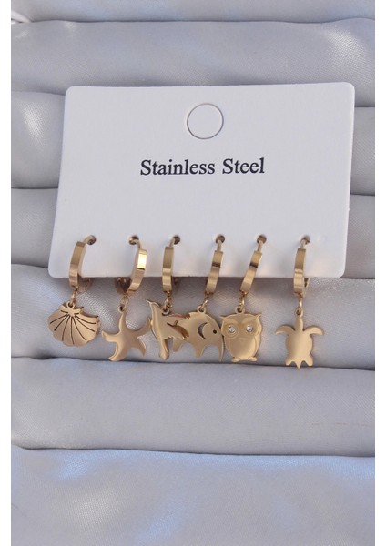 Bfs 316L Çelik Gold Renk Zirkon Taşlı Hayvan Figürlü Deniz Yıldızı Model Halka Küpe Seti