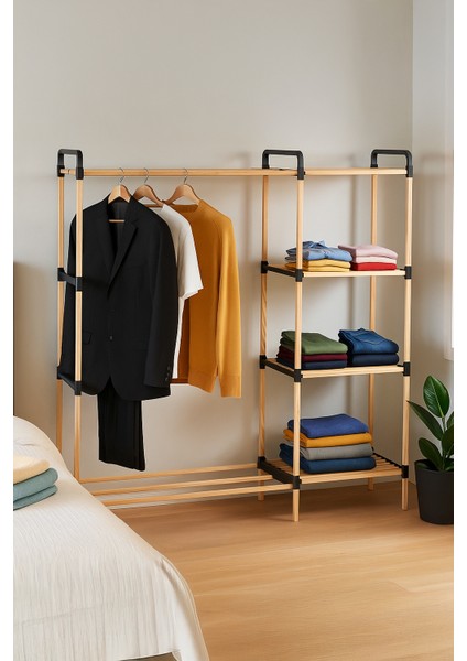 Pazaraza Ne 05 Modüler %100 Masif Ahşap Raflı Açık Elbise Askısı