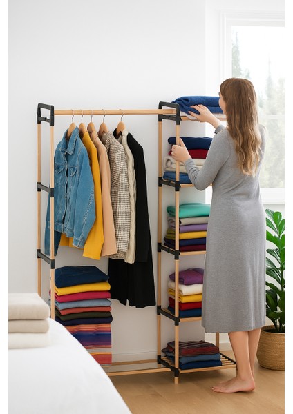 Pazaraza Ne 05 Modüler %100 Masif Ahşap Raflı Açık Elbise Askısı fiyatları