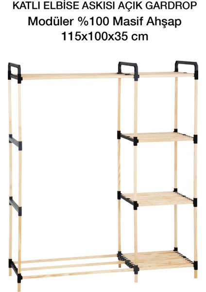 Pazaraza Ne 05 Modüler %100 Masif Ahşap Raflı Açık Elbise Askısı
