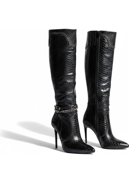 G25K174 Krokokil Baskı Yüksek Ince Topuklu Sivri Burun Kadın Siyah Diz Altı Çizme fiyatları