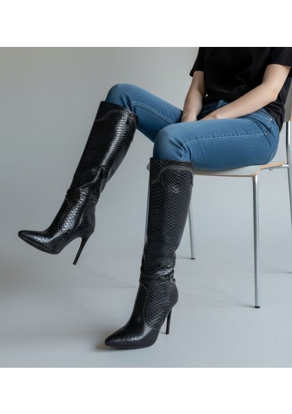 G25K174 Krokokil Baskı Yüksek Ince Topuklu Sivri Burun Kadın Siyah Diz Altı Çizme fırsatları