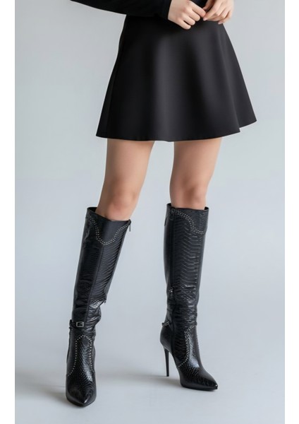 G25K174 Krokokil Baskı Yüksek Ince Topuklu Sivri Burun Kadın Siyah Diz Altı Çizme