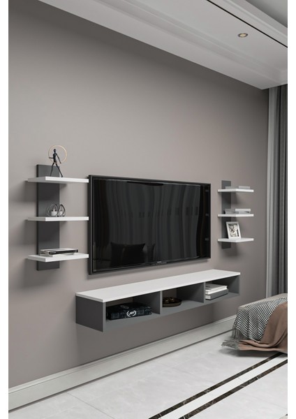 Dekoratif Raflı Tv Ünitesi,antrasit Gri-Atlantik Çam,portatif Minifix Kurulum