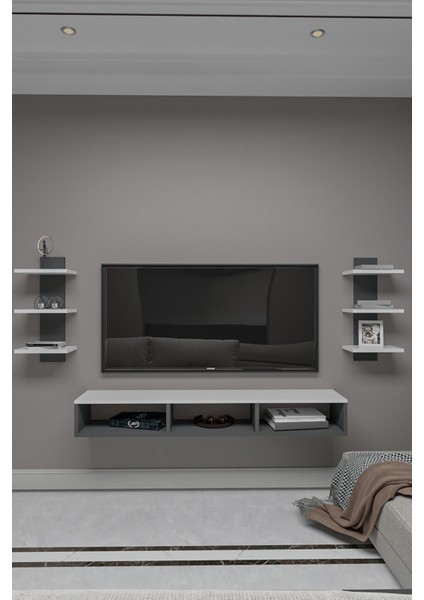 Dekoratif Raflı Tv Ünitesi,antrasit Gri-Atlantik Çam,portatif Minifix Kurulum fiyatları