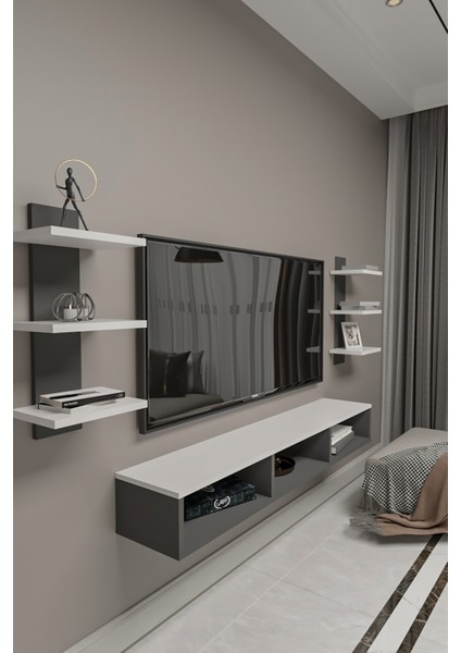 Dekoratif Raflı Tv Ünitesi,antrasit Gri-Atlantik Çam,portatif Minifix Kurulum modelleri