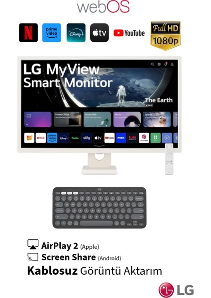 Webos Akıllı Tv Wi-Fi Apple-Android Kablosuz Bağlantı IPS 1920X1080 Fulhd 27 Inç 70 Ekran Smart Kumandalı Monitör Tv+ Logitech Kablosuz Klavye