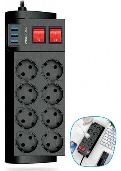 Isıya Dayanıklı Termal Akım Korumalı 2 Metre 16A 4000W 8li Priz ve 3 USB Li Uzatma Kablosu (5324) fiyatları