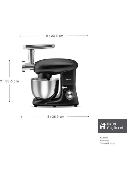 1900W 5,5 Litre Çırpma Karıştırma, Yoğurma Kıyma ve Hamur Yoğurma Makinesi & Mutfak Şefi