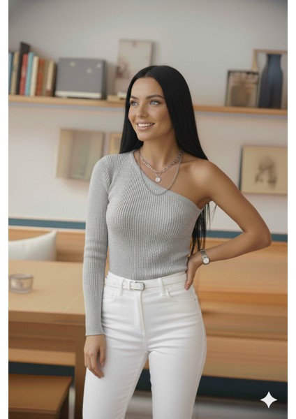 Kadın Gri Tek Omuz Kol Açık Üst Kalite Dokuma Uzun Kollu Fitilli Bluz Body