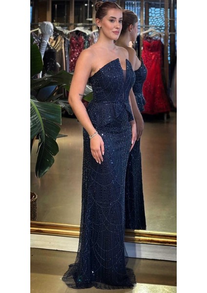 Lacivert Straplez Yaka Sırt Dekolteli Düz Kesim Pullu Boncuklu Uzun Abiye Elbise 11116-03 fiyatları