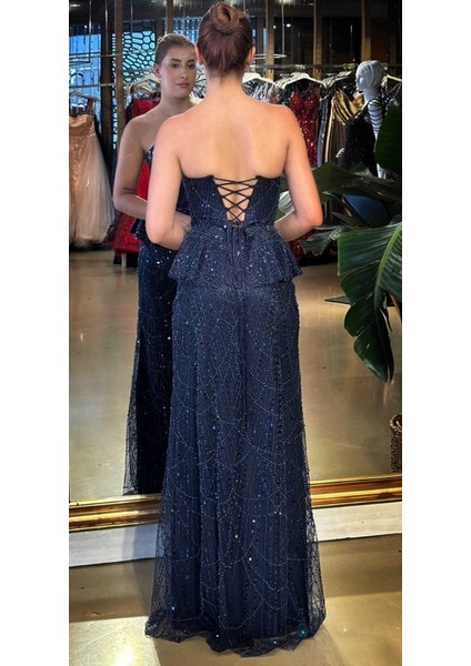 Lacivert Straplez Yaka Sırt Dekolteli Düz Kesim Pullu Boncuklu Uzun Abiye Elbise 11116-03 indirimleri