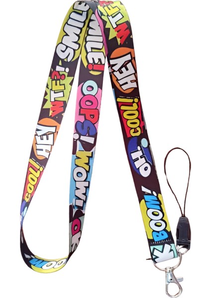 Çizgi Film Yazı Desenli Boyun Askı Ipi ve Telefon Askısı + Kartlık