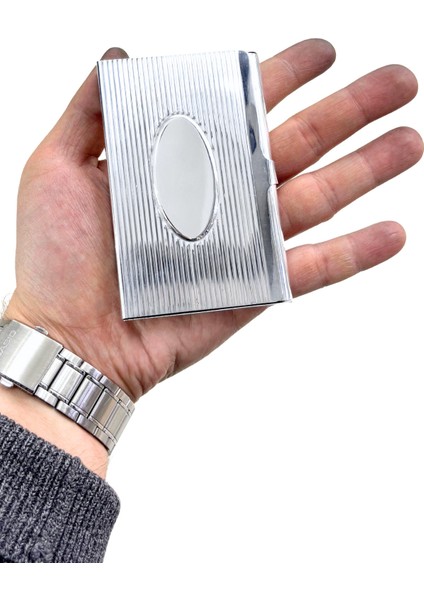 Çizgi Desenli Ortası Oval Gümüş Sigara Tabakası