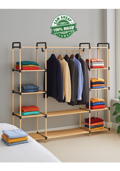 Pazaraza NA04 Moduler %100 Masif Ahşap Açık Gardrop Elbise Askısı ve Raf
