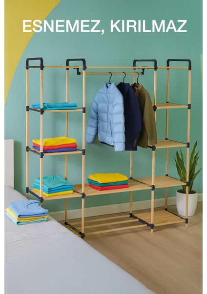 Pazaraza NA04 Moduler %100 Masif Ahşap Açık Gardrop Elbise Askısı ve Raf fiyatları