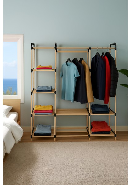 Pazaraza NA04 Moduler %100 Masif Ahşap Açık Gardrop Elbise Askısı ve Raf modelleri
