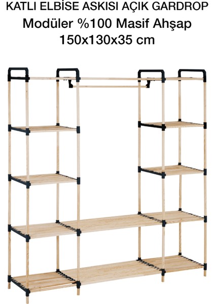 Pazaraza NA04 Moduler %100 Masif Ahşap Açık Gardrop Elbise Askısı ve Raf fırsatları