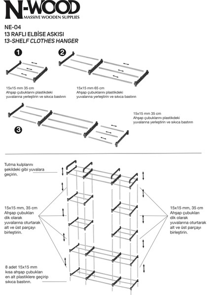 Pazaraza NA04 Moduler %100 Masif Ahşap Açık Gardrop Elbise Askısı ve Raf indirimleri