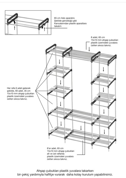 Pazaraza NA04 Moduler %100 Masif Ahşap Açık Gardrop Elbise Askısı ve Raf